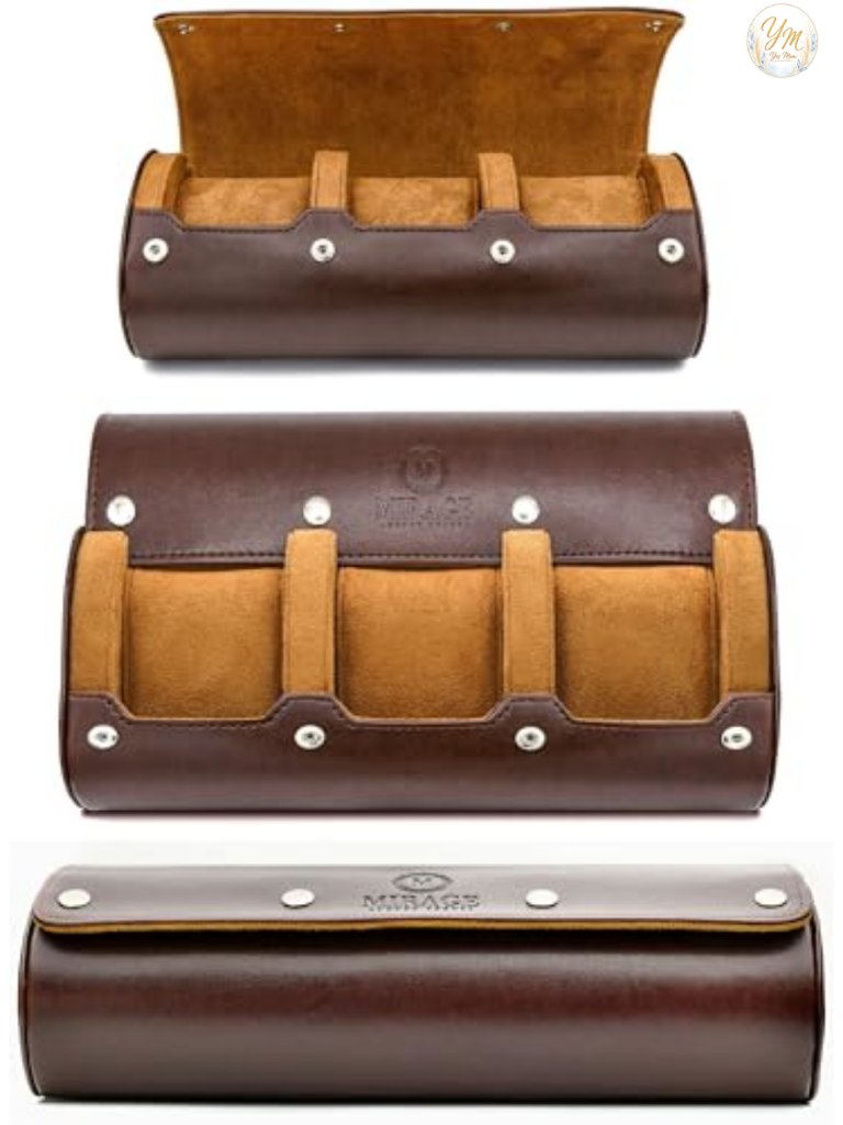 Leather Watch Travel Case Organizer For Men 3Slot Watch Roll With Suede Lining